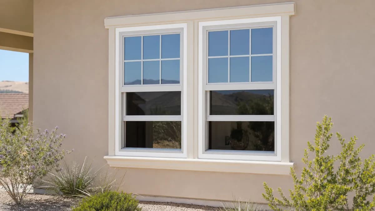 Pair of white double-hung windows with the lower sash raised in a beige stucco wall