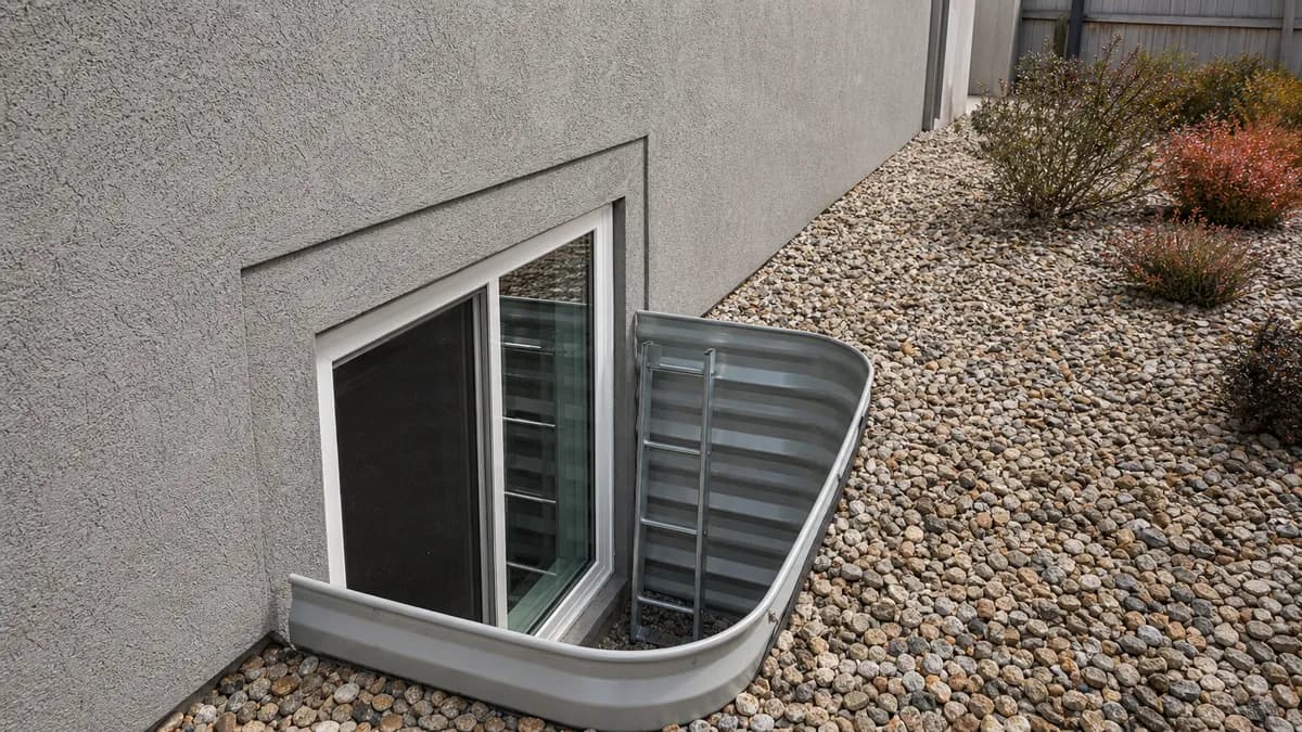 Egress window with a corrugated metal window well set into gravel landscaping