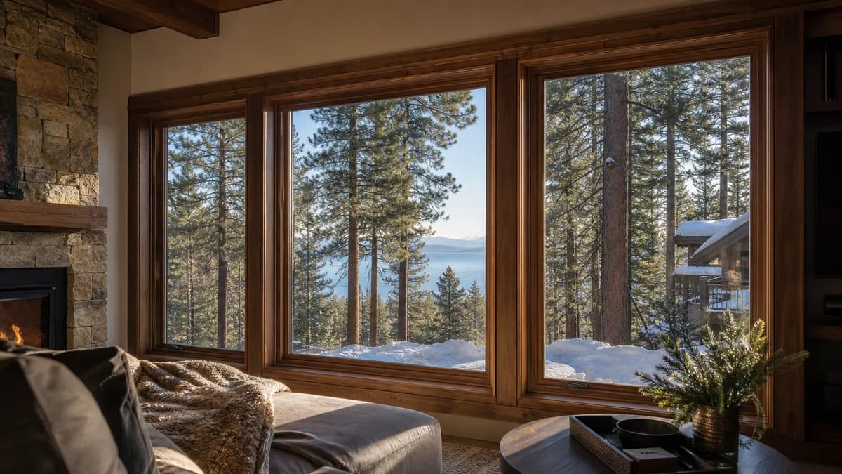 Cabin interior with stained wood window frames and triple windows looking out to pines, snow and a glimpse of a lake