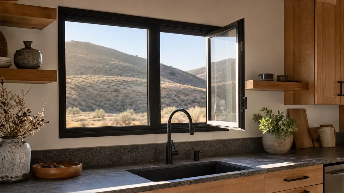 Kitchen with a black-framed casement window cranked open over the sink and sagebrush hills outside
