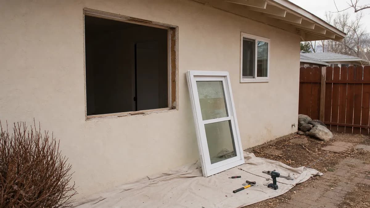 1970s stucco ranch house with the old window removed from its opening and a new white window leaning against the wall on a drop cloth