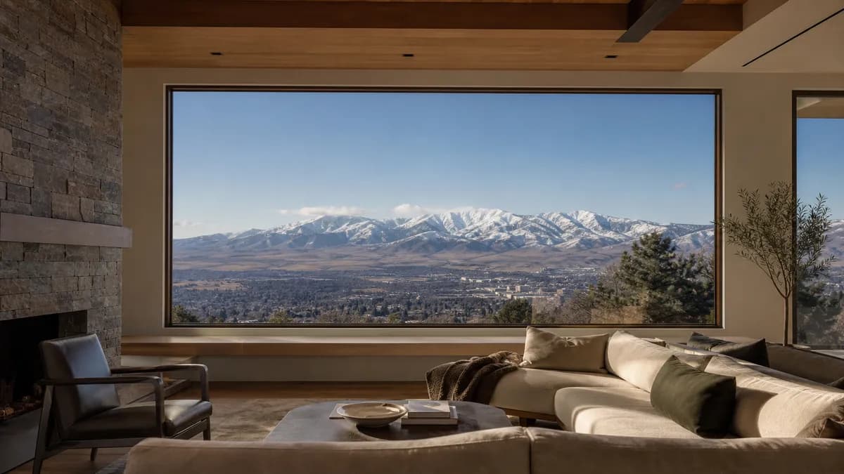 Great room with a large fixed picture window framing snowy Sierra peaks and the valley below